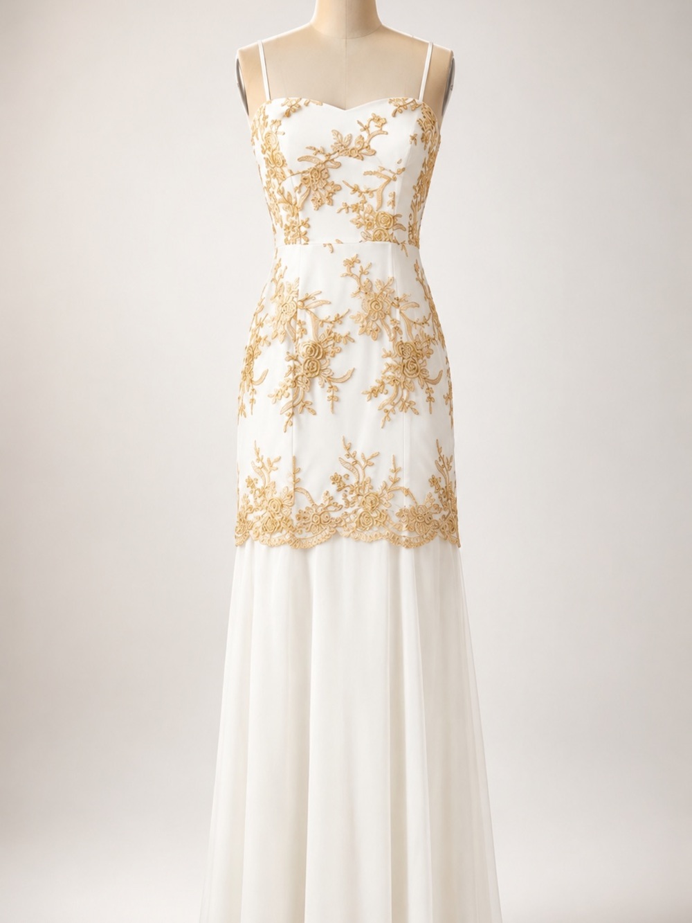 Adrianna Papell White Strapless Gown with Gold Lace Embroidery